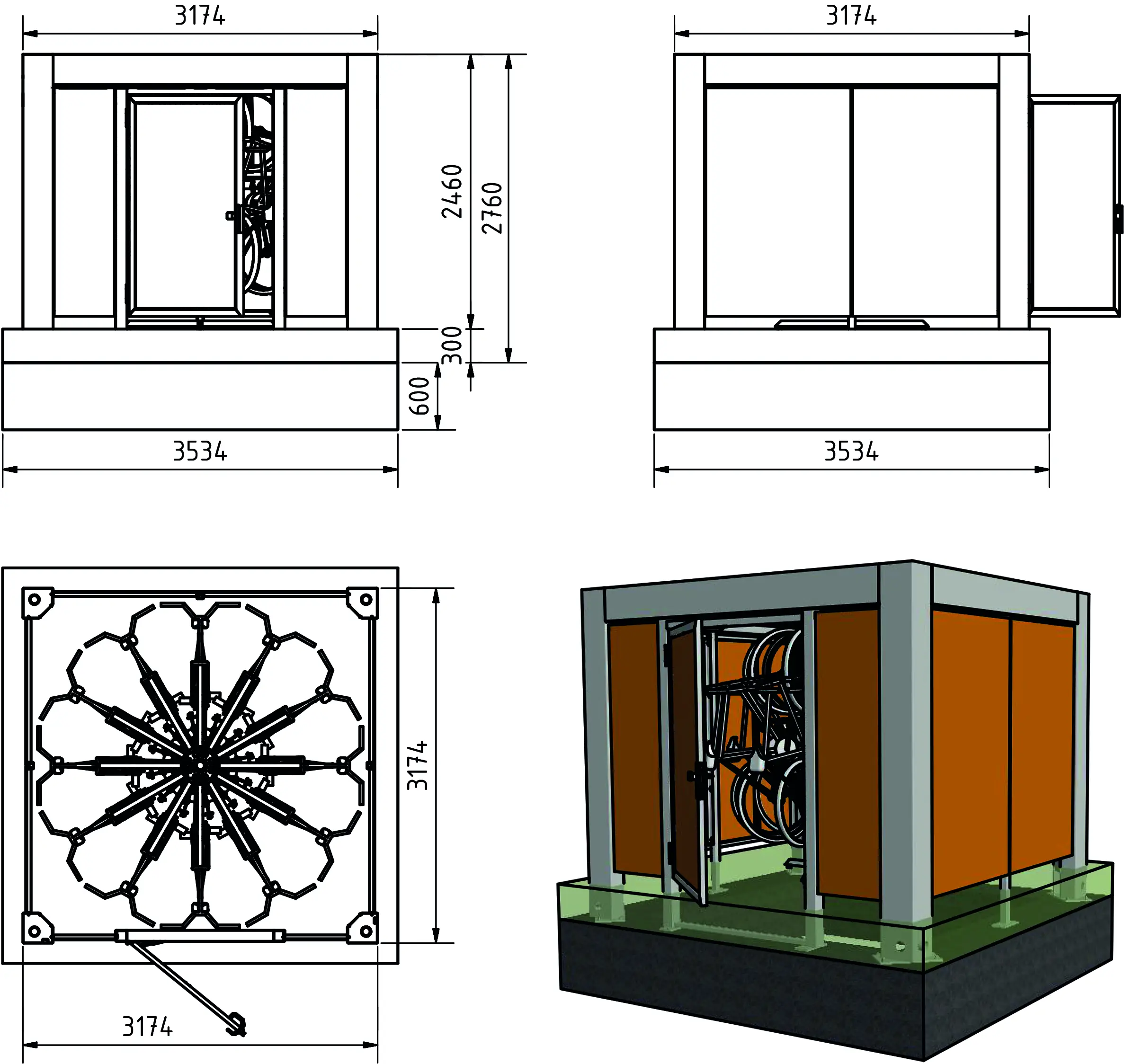KUBUS 317 Konfiguration 3174×3174mm – 12 Stellplätze mit Vertica Spin